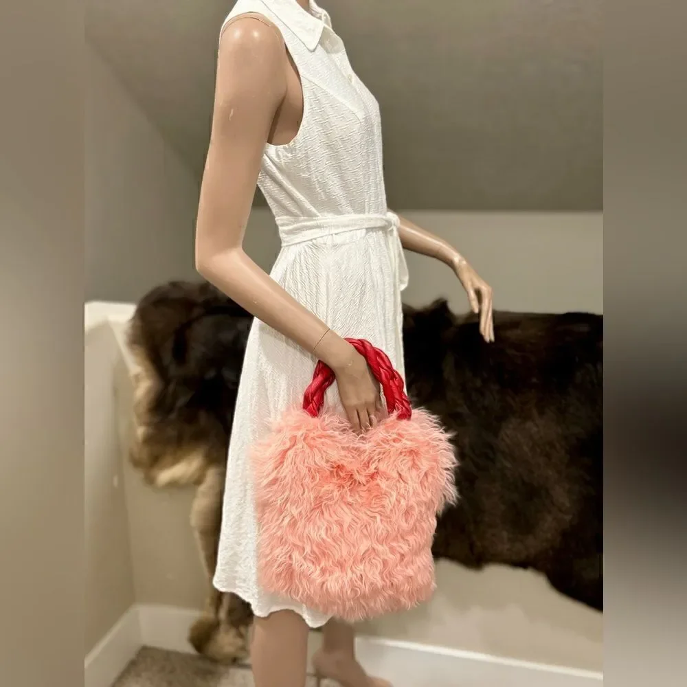 Genuine Curly Lamb Fur Handmade Leather Braided Handles Tote Bag, Crossbody